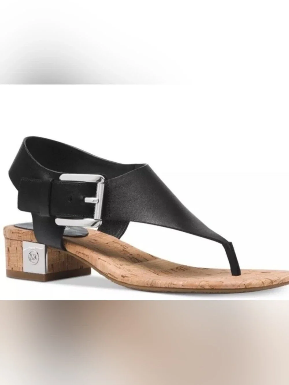 Michael Kors Black Leather London Thong Sandal with Cork Block Heel